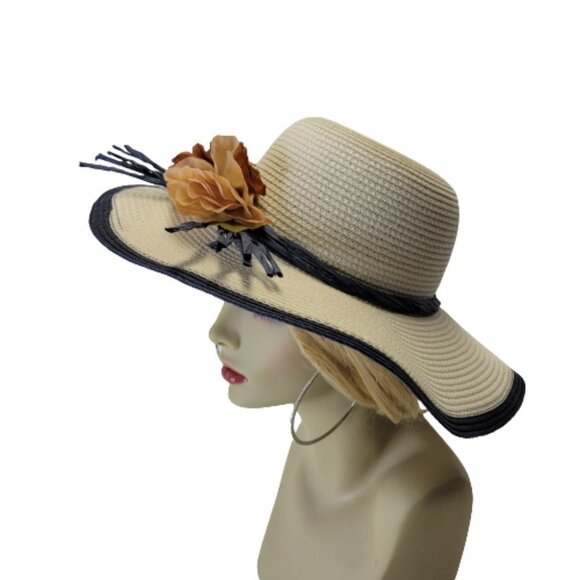 WHITE Paper Straw Hat Blue Trim Floral Embellish Wide Brim Sun Beach Hat - Picture 3 of 13